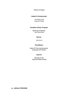 Maliana bt Ngadi
Hadiah & Cenderamata
Lim Suan Ting
Ling Lun Peng
Peralatan & Buku Program
Maslinda bt Mokhtar
Lee Chue Guik
Banner
Loh Hui Li
Pendaftaran
Mala A/P Perumal Kayandan
Umapathy A/P Raman
Laporan
Maryaty bt Jali
Hapiza bt Mohd Khalid
a) JADUAL PROGRAM
 