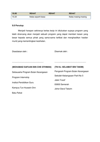 10.00 REHAT REHAT REHAT
10.20 Kelas seperti biasa Kelas masing-masing
9.0 Penutup
Menjadi harapan sekiranya kertas kerja ini diluluskan supaya program yang
telah dirancang akan menjadi sebuah program yang dapat memberi kesan yang
besar kepada semua pihak yang sama-sama terlibat dan menghasilkan hasilan
murid yang mementingkan kesihatan.
Disediakan oleh :
........................................................
(MOHAMAD SAFUAN BIN CHE OTHMAN)
Setiausaha Program Bulan Kecergasan
Program Internship
Institut Pendidikan Guru
Kampus Tun Hussein Onn
Batu Pahat
Disemak oleh :
........................................................
(TN HJ. SELAMAT BIN TAKIM)
Pengarah Program Bulan Kecergasan
Sekolah Kebangsaan Parit No 5
Jalan Yusof
83600 Semerah
Johor Darul Takzim
 