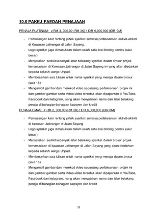 10.0 PAKEJ FAEDAH PENAJAAN 
PENAJA PLATINUM: ≥ RM 3, 000.00 (RM 3K) / IDR 9,000,000 (IDR 9M) 
- Pemasangan kain rentang pihak syarikat semasa perlaksanaan aktiviti-aktiviti 
di Kawasan Jatinangor di Jalan Sayang. 
- Logo syarikat juga dimasukkan dalam salah satu tirai dinding pentas (saiz 
19 
besar) 
- Menyatakan sedikit sebanyak latar belakang syarikat dalam brosur projek 
kemanusiaan di Kawasan Jatinangor di Jalan Sayang ini yang akan diedarkan 
kepada seluruh warga Unpad. 
- Membesarkan saiz tulisan untuk nama syarikat yang menaja dalam brosur 
(saiz 18) 
- Mengambil gambar dan merekod video sepanjang perlaksanaan projek ini 
dan gambar-gambar serta video-video tersebut akan dipaparkan di YouTube, 
Facebook dan Instagram, yang akan menyatakan nama dan latar belakang 
penaja di bahagian-bahagian kapsyen dan kredit 
PENAJA EMAS: ≥ RM 2, 000.00 (RM 2K) / IDR 6,000,000 (IDR 6M) 
- Pemasangan kain rentang pihak syarikat semasa perlaksanaan aktiviti-aktiviti 
di kawasan Jatinangor di Jalan Sayang 
- Logo syarikat juga dimasukkan dalam salah satu tirai dinding pentas (saiz 
besar) 
- Menyatakan sedikit sebanyak latar belakang syarikat dalam brosur projek 
kemanusiaan di kawasan Jatinangor di Jalan Sayang yang akan diedarkan 
kepada seluruh warga Unpad. 
- Membesarkan saiz tulisan untuk nama syarikat yang menaja dalam brosur 
(saiz 16) 
- Mengambil gambar dan merekod video sepanjang perlaksanaan projek ini 
dan gambar-gambar serta video-video tersebut akan dipaparkan di YouTube, 
Facebook dan Instagram, yang akan menyatakan nama dan latar belakang 
penaja di bahagian-bahagian kapsyen dan kredit 
 