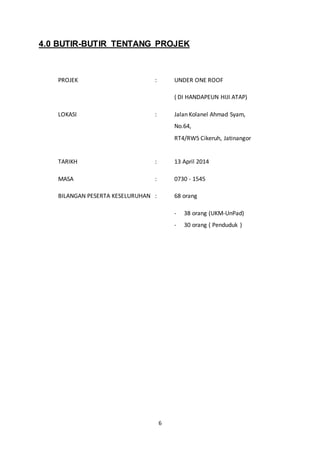 4.0 BUTIR-BUTIR TENTANG PROJEK 
PROJEK : UNDER ONE ROOF 
6 
( DI HANDAPEUN HIJI ATAP) 
LOKASI : Jalan Kolanel Ahmad Syam, 
No.64, 
RT4/RW5 Cikeruh, Jatinangor 
TARIKH : 13 April 2014 
MASA : 0730 - 1545 
BILANGAN PESERTA KESELURUHAN : 68 orang 
- 38 orang (UKM-UnPad) 
- 30 orang ( Penduduk ) 
 