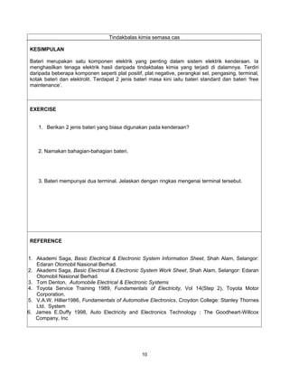 Tindakbalas kimia semasa cas

 KESIMPULAN

 Bateri merupakan satu komponen elektrik yang penting dalam sistem elektrik kenderaan. Ia
 menghasilkan tenaga elektrik hasil daripada tindakbalas kimia yang terjadi di dalamnya. Terdiri
 daripada beberapa komponen seperti plat positif, plat negative, perangkai sel, pengasing, terminal,
 kotak bateri dan elektrolit. Terdapat 2 jenis bateri masa kini iaitu bateri standard dan bateri ‘free
 maintenance’.



 EXERCISE


    1. Berikan 2 jenis bateri yang biasa digunakan pada kenderaan?



    2. Namakan bahagian-bahagian bateri.




    3. Bateri mempunyai dua terminal. Jelaskan dengan ringkas mengenai terminal tersebut.




 REFERENCE


1. Akademi Saga, Basic Electrical & Electronic System Information Sheet, Shah Alam, Selangor:
   Edaran Otomobil Nasional Berhad.
2. Akademi Saga, Basic Electrical & Electronic System Work Sheet, Shah Alam, Selangor: Edaran
   Otomobil Nasional Berhad.
3. Tom Denton, Automobile Electrical & Electronic Systems
4. Toyota Service Training 1989, Fundamentals of Electricity, Vol 14(Step 2), Toyota Motor
   Corporation.
5. V.A.W. Hillier1986, Fundamentals of Automotive Electronics, Croydon College: Stanley Thornes
   Ltd. System
6. James E.Duffy 1998, Auto Electricity and Electronics Technology : The Goodheart-Willcox
   Company, Inc




                                                  10
 