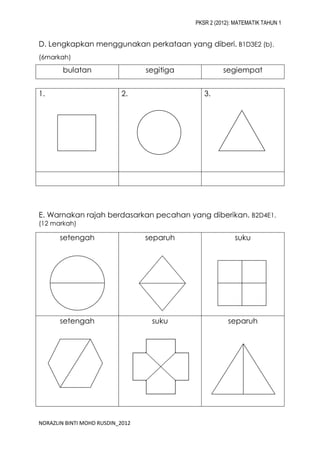 Kertas Pksr 2 Matematik Tahun 1 2012