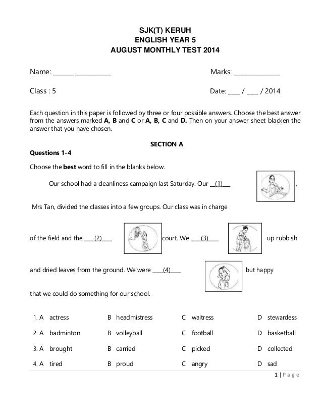 Soalan Latihan Bahasa Inggeris Tahun 5