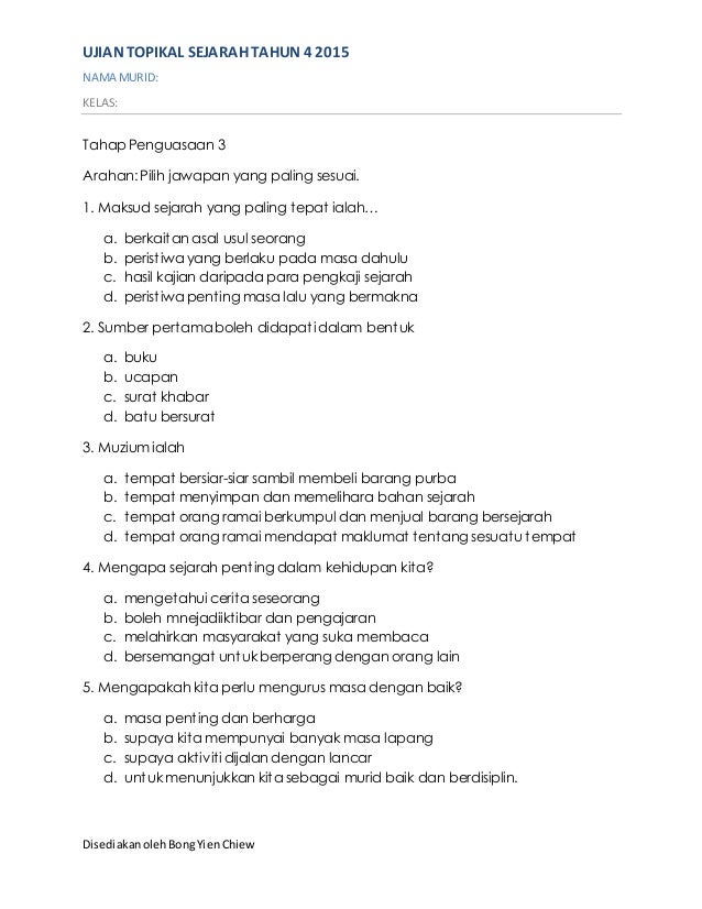 Kertas Ujian Topikal 1 Sejarah Tahun 4 2015 Tahap Penguasaan 123