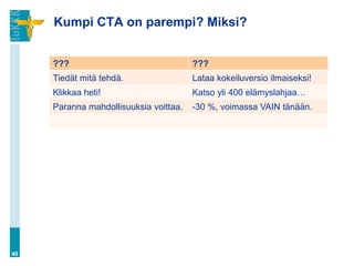 Kumpi CTA on parempi? Miksi?


     ???                                ???
     Tiedät mitä tehdä.                 Lataa kokeiluversio ilmaiseksi!
     Klikkaa heti!                      Katso yli 400 elämyslahjaa…
     Paranna mahdollisuuksia voittaa.   -30 %, voimassa VAIN tänään.




40
 