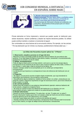 1ER CONGRESO MUNDIAL A DISTANCIA 2011
                       EN ESPAÑOL SOBRE MARC

                                   5. Brindar información (INFORMAR)
                                   Objetivo principal: Proveer datos útiles y confiables sobre
                                   sí mismo, la relación, otras personas y el mundo en
                                   general, como base para la toma de decisiones
                                   Uno de los tipos de información ofrecida es la referente a la
                                   autocrítica, reconociendo errores propios pero sin reducir
                                   nuestra autoestima.




Provee elementos en forma impersonal y racional que pueden ayudar al interlocutor para
aclarar situaciones, resolver problemas y adoptar las mejores decisiones posibles. Su utilidad
puede contribuir también a mantener e incrementar el rapport.
Son combinables con otros factores de la comunicación efectiva. Por ejemplo, con las caricias:
” Por esa dedicación que Ud. brinda a su empresa, posiblemente le interese saber que...”



                 Las fallas más frecuentes al querer aplicar los “ 5 Pilares”:

 1. Observación, empatía (y ponerse en el lugar del otro)
 -Requiere el mayor porcentaje posible de atención hacia el exterior (lo que emite la otra
 persona). Si en esta etapa la dirigimos hacia dentro nuestro, consciente o inconscientemente,
 perderemos el contacto y el otro lo notará
 2. Reflejo, acompasamiento:
 -Falta de alguna observación en la fase anterior, como por ej. que se nos escape alguna
 incongruencia en la conducta (el otro dice sí pero mueve la cabeza de lado a lado, o emite un
 tono dudoso, o valora algo y baja la comisura de los labios, etc.
 -Nuestro mensaje verbal no es acompañado por lo no verbal que correspondería
 (incongruencia)
 -La devolución que hacemos no corresponde al marco de referencia del interlocutor sino al
  nuestro
 3. Preguntas:
 - No siguen una secuencia acorde al objetivo fijado inicialmente, que vaya develando la
 información que buscamos, sino se desvía a otros temas
 - Descalificamos alguna resistencia, notable en forma verbal o no verbal , producida por una
 pregunta nuestra y seguimos inquiriendo en lugar de reconocer el error, que el otro indicará en
 forma verbal o no verbal
 4. Dar caricias positivas:
 -Darlas fuera del contexto en que estamos intercambiando (ejemplo: estamos hablando del
 rol de estudio y elogiamos el aspecto físico)
 - No tomar en cuenta el marco de referencia del interlocutor (a un directivo con una
 personalidad cerrada y rígida se le insiste en su potencial para la intimidad)
 5. Brindar información:
 -Hacerlo en forma condescendiente (“Yo estoy bien, sé más, Tú estás mal, no sabes”)
 Proveer información implica que el otro no la posee y debe ser hecho de una forma modesta,
 evitando términos que el otro desconozca, en lo posible
 -Formular frases largas para darla, lo cual provoca pérdida del rapport
 - Hacerlo mientras el otro siente emociones o sensaciones físicas intensas (está funcionando
 con su Niño interior), en lugar de reflejar dichos sentimientos o sensaciones




                                              10
 