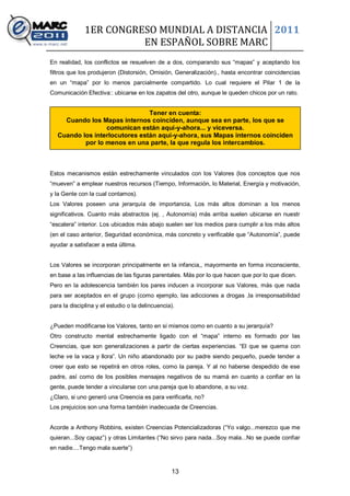 1ER CONGRESO MUNDIAL A DISTANCIA 2011
                        EN ESPAÑOL SOBRE MARC
En realidad, los conflictos se resuelven de a dos, comparando sus “mapas” y aceptando los
filtros que los produjeron (Distorsión, Omisión, Generalización)., hasta encontrar coincidencias
en un “mapa” por lo menos parcialmente compartido. Lo cual requiere el Pilar 1 de la
Comunicación Efectiva:: ubicarse en los zapatos del otro, aunque le queden chicos por un rato.


                                Tener en cuenta:
     Cuando los Mapas internos coinciden, aunque sea en parte, los que se
                  comunican están aquí-y-ahora... y viceversa.
   Cuando los interlocutores están aquí-y-ahora, sus Mapas internos coinciden
           por lo menos en una parte, la que regula los intercambios.



Estos mecanismos están estrechamente vinculados con los Valores (los conceptos que nos
“mueven” a emplear nuestros recursos (Tiempo, Información, lo Material, Energía y motivación,
y la Gente con la cual contamos).
Los Valores poseen una jerarquía de importancia, Los más altos dominan a los menos
significativos. Cuanto más abstractos (ej. , Autonomía) más arriba suelen ubicarse en nuestr
“escalera” interior. Los ubicados más abajo suelen ser los medios para cumplir a los más altos
(en el caso anterior, Seguridad económica, más concreto y verificable que “Autonomía”, puede
ayudar a satisfacer a esta última.


Los Valores se incorporan principalmente en la infancia,, mayormente en forma inconsciente,
en base a las influencias de las figuras parentales. Más por lo que hacen que por lo que dicen.
Pero en la adolescencia también los pares inducen a incorporar sus Valores, más que nada
para ser aceptados en el grupo (como ejemplo, las adicciones a drogas ,la irresponsabilidad
para la disciplina y el estudio o la delincuencia).


¿Pueden modificarse los Valores, tanto en sí mismos como en cuanto a su jerarquía?
Otro constructo mental estrechamente ligado con el “mapa” interno es formado por las
Creencias, que son generalizaciones a partir de ciertas experiencias. “El que se quema con
leche ve la vaca y llora”. Un niño abandonado por su padre siendo pequeño, puede tender a
creer que esto se repetirá en otros roles, como la pareja. Y al no haberse despedido de ese
padre, así como de los posibles mensajes negativos de su mamá en cuanto a confiar en la
gente, puede tender a vincularse con una pareja que lo abandone, a su vez.
¿Claro, si uno generó una Creencia es para verificarla, no?
Los prejuicios son una forma también inadecuada de Creencias.


Acorde a Anthony Robbins, existen Creencias Potencializadoras (“Yo valgo...merezco que me
quieran...Soy capaz”) y otras Limitantes (“No sirvo para nada...Soy mala...No se puede confiar
en nadie....Tengo mala suerte”)



                                                 13
 