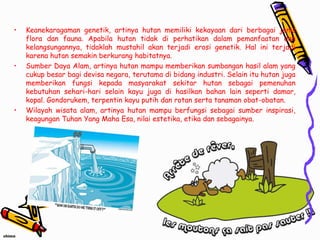 •   Keanekaragaman genetik, artinya hutan memiliki kekayaan dari berbagai jenis
    flora dan fauna. Apabila hutan tidak di perhatikan dalam pemanfaatan dan
    kelangsungannya, tidaklah mustahil akan terjadi erosi genetik. Hal ini terjadi
    karena hutan semakin berkurang habitatnya.
•   Sumber Daya Alam, artinya hutan mampu memberikan sumbangan hasil alam yang
    cukup besar bagi devisa negara, terutama di bidang industri. Selain itu hutan juga
    memberikan fungsi kepada masyarakat sekitar hutan sebagai pemenuhan
    kebutuhan sehari-hari selain kayu juga di hasilkan bahan lain seperti damar,
    kopal. Gondorukem, terpentin kayu putih dan rotan serta tanaman obat-obatan.
•   Wilayah wisata alam, artinya hutan mampu berfungsi sebagai sumber inspirasi,
    keagungan Tuhan Yang Maha Esa, nilai estetika, etika dan sebagainya.
 