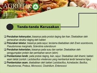 AGROTEC
H
Djuanda University
 Perubahan kekenyalan, biasanya pada produk daging dan ikan. Disebabkan oleh
pemecahan struktur daging oleh bakteri
 Pelunakan tekstur, biasanya pada sayur, terutama disebabkan oleh Erwin acarotovora,
Pseudomonas marginalis, Sclerotinia sclerotiorum
 Perubahan kekentalan, biasanya pada susu dan santan. Disebabkan oleh
penggumpalan protein dan pemisahan serum (skim)
 Pembentukan lendir, pada produk daging, ikan, sayur. Disebabkan oleh khamir, bakteri
asam laktat (contoh: Lactobacillus viredences yang membentuk lendir berwarna hijau)
 Pembentukan asam, disebabkan oleh bakteri Lactobacillus, Acinebacter, Bacillus,
Pseudomonas, Proteus, Micrococci, Clostridium, Enterococci
Tanda-tanda Kerusakan
 