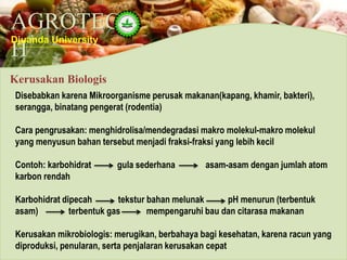AGROTEC
H
Djuanda University
Kerusakan Biologis
Disebabkan karena Mikroorganisme perusak makanan(kapang, khamir, bakteri),
serangga, binatang pengerat (rodentia)
Cara pengrusakan: menghidrolisa/mendegradasi makro molekul-makro molekul
yang menyusun bahan tersebut menjadi fraksi-fraksi yang lebih kecil
Contoh: karbohidrat gula sederhana asam-asam dengan jumlah atom
karbon rendah
Karbohidrat dipecah tekstur bahan melunak pH menurun (terbentuk
asam) terbentuk gas mempengaruhi bau dan citarasa makanan
Kerusakan mikrobiologis: merugikan, berbahaya bagi kesehatan, karena racun yang
diproduksi, penularan, serta penjalaran kerusakan cepat
 