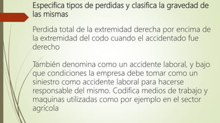 Especifica tipos de perdidas y clasifica la gravedad de
las mismas
Perdida total de la extremidad derecha por encima de
la extremidad del codo cuando el accidentado fue
derecho
También denomina como un accidente laboral, y bajo
que condiciones la empresa debe tomar como un
siniestro como accidente laboral para hacerse
responsable del mismo. Codifica medios de trabajo y
maquinas utilizadas como por ejemplo en el sector
agrícola
 