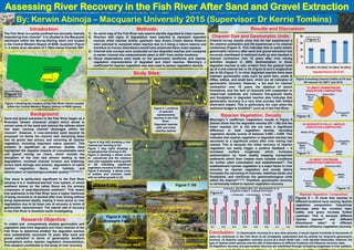 Assessing River Recovery in the Fish River After Sand and Gravel Extraction
By: Kerwin Abinoja – Macquarie University 2015 (Supervisor: Dr Kerrie Tomkins)
Introduction:
The Fish River is a partly-confined low sinuosity laterally
meandering river channel1. It is situated in the Macquarie
catchment within the Murray-Darling basin and located
in the Central Western Region of NSW, Australia2 (Figure
1). It starts at an elevation of 1,160m below Charlies Hill2.
Figure 1 showing the location of the Fish River (black) located
within the Central Western Region (yellow) of NSW (green)
Background:
Sand and gravel extraction in the Fish River began as a
Rivercare ‘stream clearance’ project which aimed to
extract some of the sand and remove the willows which
had been causing channel blockages within the
channel2. However, it over-extracted sand beyond its
proposed 1m below the channel bed, extracting down
into its gravel bed armour and removing all riparian
vegetation, including important native species2. This
problem is significant as previous studies have
highlighted the negative impacts of unsustainable sand
and gravel mining on rivers, which include the
disruption of the river bed armour leading to bed
degradation, localised channel incision and widening,
severe bank damage and erosion, degradation of native
riparian vegetation, fauna, and habitats, and
deterioration of instream/groundwater quality3,4,5,6,7,8,9,10.
This issue is particularly significant to the Fish River
because it is a ‘sediment-starved’ river system, in which
sediment stores on the valley floors are the primary
component of post-disturbance sediment3. This means
that sediments in the Fish River have a higher likelihood
of being removed or re-worked after river mining without
being replenished readily, making it more prone to river
degradation due to its lower rate of recovery in terms of
geomorphic replenishment. The natural rate of recovery
in the Fish River is therefore worth investigating.
Research Objective:
To collect and comparatively analyse geomorphic and
vegetation data from degraded and intact reaches of the
Fish River to determine whether the degraded reaches
have substantially recovered 10 years after sand and
gravel extraction in terms of geomorphic landform
development and/or riparian vegetation characteristics.
This research contributes to the study of river recovery.
Methods:
1) An aerial map of the Fish River was used to identify degraded & intact reaches.
2) Reaches with signs of degradation were selected to represent degraded
reaches while reaches further upstream near Evans Crown Nature Reserve
were selected to represent intact reaches due to it being a nature reserve and
therefore no human disturbance would have preserved these intact reaches.
3) Channel size surveys were conducted on two degraded reaches and compared
to earlier channel size measurements taken in 2001 from similar locations.
4) Visual observations were made on the geomorphic landforms and riparian
vegetation characteristics of degraded and intact reaches. Manning’s n
coefficient for riparian vegetation was also used to assess vegetation density.
Fish River
Study Sites:
Figure 1
Upstream
Downstream
Flow Direction
Upstream
Figure 2: Locations
of selected
representative
reaches in the Fish
River.
Degraded reaches
(left) and intact
reaches (below)
Fish River
D 2
D 1
D 3
D 4
D 5
D 6
U 1
U 2
Figure 6 (top left) showing a mid-
channel bar forming in D4.
Figure 7 (top right) showing a
longitudinal bar forming in D5.
Figure 8 showing a dense cover
of casuarinas and the common
reed with negligible willow growth
in D6 indicating significant
vegetation recovery in this reach.
Figure 9 showing a dense cover
of wattles and common reeds
with no willow growth in U2.
Results and Discussion:
Channel Size and Geomorphic Units:
Channel survey results show that D4 had experienced a
2m channel contraction and D5 experienced a 1m channel
contraction (Figure 5). This indicates that to some extent,
geomorphic recovery after sand and gravel extraction has
occurred, manifested in sediment build up and resulted in
channel contraction over 10 years after river mining
activities stopped in 2005. Sedimentation in these
degraded reaches is also evident from the gradual build
up of a mid-channel bar in D4 (Figure 6) and a longitudinal
bar in D5 (Figure 7). In other degraded reaches there were
instream geomorphic units such as point bars, pools &
riffles, eddies, and small bars, which are all indicative of
geomorphic recovery. However, a 2m and 1m channel
contraction over 10 years, the absence of bench
formations, and the lack of channels with suspended or
mixed-load substrate and cohesive fine-grained banks
and floodplains in degraded reaches also indicates that
geomorphic recovery is a very slow process with limited
short-term impact. This is particularly the case when the
sediment budget is modified11, such as in the Fish River.
Figure 5 showing channel widths of D4 and
D5 reaches for 20012 and 2015.
Riparian Vegetation: Density
Manning’s n coefficient (vegetation) results in Figure 9
(below) show that the degraded reaches (D1 – D6) and the
intact reaches (U1 & U2) did not have a significant
difference in total vegetation density, recording
vegetation density scores of between 0.068 – 0.095. This
indicates that riparian vegetation in degraded reaches has
recovered to a significant extent after river mining had
ceased. This is because the initial recovery of riparian
vegetation can easily trigger a positive feedback – it
increases surface roughness which increases
sedimentation by more readily trapping transported
sediments which then creates more suitable conditions
for further plant colonisation and establishment12. The
establishment riparian vegetation is a major factor in river
recovery as riparian vegetation and woody debris
increases the narrowing of channels, stabilises banks and
floodplains, and reinforces the geomorphological units
within the channel13,14,15. Therefore, geomorphic recovery
is intrinsically linked to riparian vegetation recovery.
Downstream
Figure 5
Figure 2
Figure 6: D4 Figure 7: D5
Conclusion: (1) Geomorphic recovery is a very slow process. It would require hundreds to thousands of
years for sediments in the Fish River to be completely replenished and be utilised for long-term geomorphic
recovery. (2) Riparian vegetation recovery occurs at a much faster rate – over decadal timescales. However, the
type of riparian plant species and the rate of disturbance at different locations will influence recovery rates.
(3) Vegetation recovery and geomorphic recovery are interlinked through increasing roughness in river systems.
Figure 9
D 5
D 6
Figure 8: D6
Bosworth Falls
Figure 9: U2
Riparian Vegetation: Composition
Figures 8 – 12 show that reaches in
different locations have varying riparian
vegetation composition. Casuarinas
decrease while the common reed,
wattle, and grass increase further
upstream. This is because different
riparian species16 and different
disturbance rates17 at different
locations influence vegetation recovery.
Mid-channel bar
Longitudinal bar
Common reed
Casuarina
Wattle
Common reed
Figure 11
Figure 10
Figure 12
 