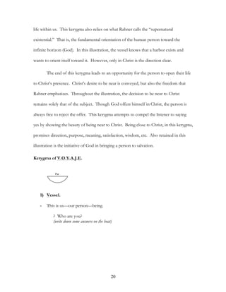 life within us. This kerygma also relies on what Rahner calls the “supernatural

existential.” That is, the fundamental orientation of the human person toward the

infinite horizon (God). In this illustration, the vessel knows that a harbor exists and

wants to orient itself toward it. However, only in Christ is the direction clear.

       The end of this kerygma leads to an opportunity for the person to open their life

to Christ’s presence. Christ’s desire to be near is conveyed, but also the freedom that

Rahner emphasizes. Throughout the illustration, the decision to be near to Christ

remains solely that of the subject. Though God offers himself in Christ, the person is

always free to reject the offer. This kerygma attempts to compel the listener to saying

yes by showing the beauty of being near to Christ. Being close to Christ, in this kerygma,

promises direction, purpose, meaning, satisfaction, wisdom, etc. Also retained in this

illustration is the initiative of God in bringing a person to salvation.

Kerygma of V.O.Y.A.J.E.


             Pat




   1) Vessel.

   -   This is us—our person—being.

           ? Who are you?
           (write down some answers on the boat)




                                               20
 