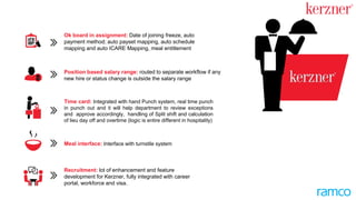 Time card: Integrated with the hand punch system, real time
punch-in and punch-out which will help departments to review
exceptions and approve accordingly. Handling of Split shifts
and calculation of lieu days off and overtime (logic is entirely
different in hospitality)
Meal interface: Interfaced with turnstile system
Recruitment: Lots of enhancements and features
developed for Kerzner, fully integrated with career portal,
workforce and visa management system
Position-based salary ranges: routed to separate workflow if any
new hire or status change is outside the salary ranges
On-boarding: Date of joining freeze, auto payment method;
auto payset mapping, auto schedule mapping and auto
ICARE Mapping, meal entitlement
 