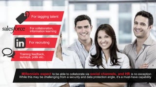 Training feedback,
surveys, polls etc.
For recruiting
For collaboration,
informal learning
For tagging talent
Millennials expect to be able to collaborate via social channels, and HR is no exception
While this may be challenging from a security and data protection angle, it’s a must-have capability
 