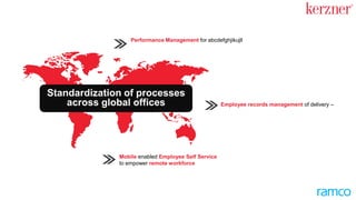 Performance Management for all colleagues across all locations
Mobile enabled Employee Self Service
to empower all employees including the remote workforce
Employee records management – all centralized
Standardization of processes
across global offices
 