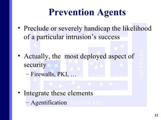 Prevention Agents Preclude or severely handicap the likelihood of a particular intrusion’s success Actually, the  most deployed aspect of security Firewalls, PKI, … Integrate these elements Agentification 