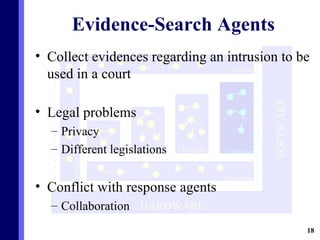 Evidence-Search Agents Collect evidences regarding an intrusion to be used in a court Legal problems Privacy Different legislations Conflict with response agents Collaboration 