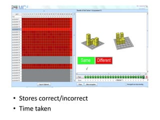 • Stores correct/incorrect
• Time taken
 
