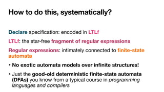 How to do this, systematically?
Declare speci
fi
cation: encoded in LTLf

LTLf: the star-free fragment of regular expressions

Regular expressions: intimately connected to
fi
nite-state
automata

• No exotic automata models over in
fi
nite structures! 

• Just the good-old deterministic
fi
nite-state automata
(DFAs) you know from a typical course in programming
languages and compilers
 