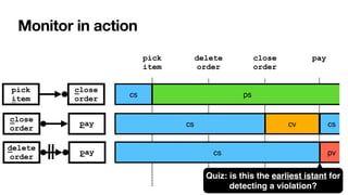 pay


close


order
Monitor in action
close
order
delete
order
pay
pick


item
close
order
pay
cs
pick


item
cs
ps
cs
delete


order
cv cs
pv
Quiz: is this the earliest istant for
detecting a violation?
 
