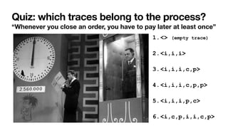 Quiz: which traces belong to the process?
“Whenever you close an order, you have to pay later at least once”
1.<> (empty trace)


2.<i,i,i>


3.<i,i,i,c,p>


4.<i,i,i,c,p,p>


5.<i,i,i,p,c>


6.<i,c,p,i,i,c,p>
 