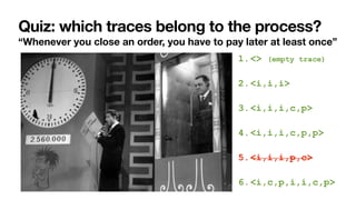 Quiz: which traces belong to the process?
“Whenever you close an order, you have to pay later at least once”
1.<> (empty trace)


2.<i,i,i>


3.<i,i,i,c,p>


4.<i,i,i,c,p,p>


5.<i,i,i,p,c>


6.<i,c,p,i,i,c,p>
 