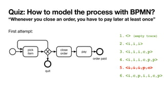 Quiz: How to model the process with BPMN?
“Whenever you close an order, you have to pay later at least once”
First attempt:
1. <> (empty trace)


2. <i,i,i>


3. <i,i,i,c,p>


4. <i,i,i,c,p,p>


5. <i,i,i,p,c>


6. <i,c,p,i,i,c,p>
pick
item
close
order
pay
quit
order paid
 