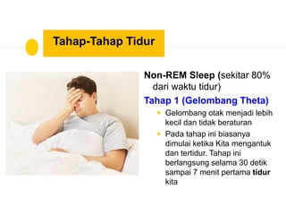 Tahap-Tahap Tidur
Non-REM Sleep (sekitar 80%
dari waktu tidur)
Tahap 1 (Gelombang Theta)
 Gelombang otak menjadi lebih
kecil dan tidak beraturan
 Pada tahap ini biasanya
dimulai ketika Kita mengantuk
dan tertidur. Tahap ini
berlangsung selama 30 detik
sampai 7 menit pertama tidur
kita
 