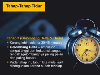 Tahap 3 (Gelombang Delta & Theta)
◉ Kurang lebih selama 30-45 minutes
◉ Gelombang Delta – amplitudo
sangat tinggi dan frekuensi sangat
rendah (gelombangnya paling pelan
dan paling besar)
◉ Pada tahap ini, tubuh kita mulai sulit
dibangunkan karena sudah terlelap
Tahap-Tahap Tidur
 