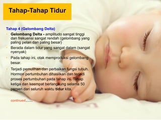 Tahap 4 (Gelombang Delta)
• Gelombang Delta - amplitudo sangat tinggi
dan frekuensi sangat rendah (gelombang yang
paling pelan dan paling besar)
• Berada dalam tidur yang sangat dalam (sangat
nyenyak)
• Pada tahap ini, otak memproduksi gelombang
besar.
• Terjadi pemulihan dan perbaikan fungsi tubuh.
Hormon pertumbuhan dihasilkan dan terjadi
proses pertumbuhan pada tahap ini. Tahap
ketiga dan keempat berlangsung selama 50
persen dari seluruh waktu tidur kita.
continued.......
Tahap-Tahap Tidur
 