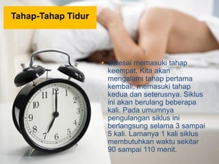 • Selesai memasuki tahap
keempat, Kita akan
mengalami tahap pertama
kembali, memasuki tahap
kedua dan seterusnya. Siklus
ini akan berulang beberapa
kali. Pada umumnya
pengulangan siklus ini
berlangsung selama 3 sampai
5 kali. Lamanya 1 kali siklus
membutuhkan waktu sekitar
90 sampai 110 menit.
Tahap-Tahap Tidur
 