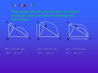 Kesimpulan:
Pada segitiga siku-siku, jika dari sudut siku-sikunya
ditarik garis tegak lurus pada sisi hipotenusanya,
maka berlaku:
B
A
C
D
B
A
C
D
B
A
C
D
BD2 = DA x DC atau
BD =  AD x DC
BA2 = AD x AC atau
BA =  AD x AC
BC2 = CD x CA atau
BC =  CD x CA
 