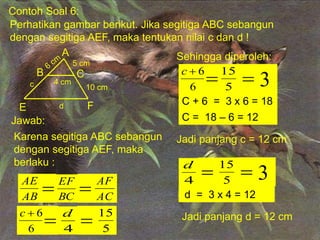 Contoh Soal 6:
Perhatikan gambar berikut. Jika segitiga ABC sebangun
dengan segitiga AEF, maka tentukan nilai c dan d !
E F
B C
A
5 cm
10 cm
4 cm
d
c
Jawab:
Karena segitiga ABC sebangun
dengan segitiga AEF, maka
berlaku :
AB
AE
= BC
EF
= AC
AF
6
6

c
= 4
d
= 5
15
Sehingga diperoleh:
6
6

c
= = 3
5
15
C + 6 = 3 x 6 = 18
C = 18 – 6 = 12
4
d
= 5
15
= 3
d = 3 x 4 = 12
Jadi panjang c = 12 cm
Jadi panjang d = 12 cm
 