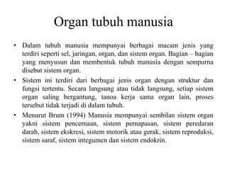 Organ tubuh manusia
• Dalam tubuh manusia mempunyai berbagai macam jenis yang
terdiri seperti sel, jaringan, organ, dan si...