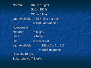 NormalNormal Hb = 15 gr%Hb = 15 gr%
Sa0Sa022= 100%= 100%
CO = 5 literCO = 5 liter
Jadi Available = 50 x 15 x 1 x 1,34Jadi Available = 50 x 15 x 1 x 1,34
= 1005 mn/menit= 1005 mn/menit
KompensasiKompensasi
Hb turunHb turun = 5 gr%= 5 gr%
SaOSaO22 = tetap= tetap
CO = naik 3 kaliCO = naik 3 kali
Jadi Available = 150 x 5 x 1 x 1.34Jadi Available = 150 x 5 x 1 x 1.34
= 1005 ml/menit= 1005 ml/menit
Dulu Hb 10 gr%Dulu Hb 10 gr%
Sekarang Hb 7-8 gr%Sekarang Hb 7-8 gr%
 