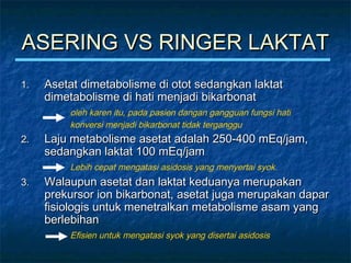 ASERING VS RINGER LAKTATASERING VS RINGER LAKTAT
1.1. Asetat dimetabolisme di otot sedangkan laktatAsetat dimetabolisme di otot sedangkan laktat
dimetabolisme di hati menjadi bikarbonatdimetabolisme di hati menjadi bikarbonat
oleh karen itu, pada pasien dangan gangguan fungsi hati
konversi menjadi bikarbonat tidak terganggu
2.2. Laju metabolisme asetat adalah 250-400 mEq/jam,Laju metabolisme asetat adalah 250-400 mEq/jam,
sedangkan laktat 100 mEq/jamsedangkan laktat 100 mEq/jam
Lebih cepat mengatasi asidosis yang menyertai syok.
3.3. Walaupun asetat dan laktat keduanya merupakanWalaupun asetat dan laktat keduanya merupakan
prekursor ion bikarbonat, asetat juga merupakan daparprekursor ion bikarbonat, asetat juga merupakan dapar
fisiologis untuk menetralkan metabolisme asam yangfisiologis untuk menetralkan metabolisme asam yang
berlebihanberlebihan
Efisien untuk mengatasi syok yang disertai asidosis
 