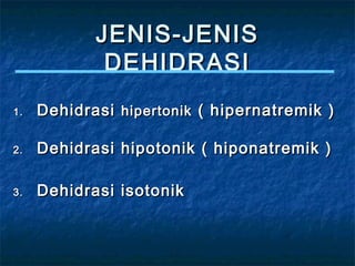 JENIS-JENISJENIS-JENIS
DEHIDRASIDEHIDRASI
1.1. DehidrasiDehidrasi hipertonikhipertonik ( hipernatremik )( hipernatremik )
2.2. Dehidrasi hipotonik ( hiponatremik )Dehidrasi hipotonik ( hiponatremik )
3.3. Dehidrasi isotonikDehidrasi isotonik
 