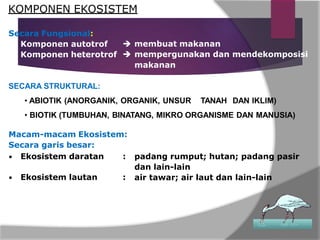 KOMPONEN EKOSISTEM
Secara Fungsional:
• Komponen autotrof
• Komponen heterotrof
 membuat makanan
 mempergunakan dan mendekomposisi
makanan
SECARA STRUKTURAL:
• ABIOTIK (ANORGANIK, ORGANIK, UNSUR TANAH DAN IKLIM)
• BIOTIK (TUMBUHAN, BINATANG, MIKRO ORGANISME DAN MANUSIA)
Macam-macam Ekosistem:
Secara garis besar:
• Ekosistem daratan :
• Ekosistem lautan :
padang rumput; hutan; padang pasir
dan lain-lain
air tawar; air laut dan lain-lain
 