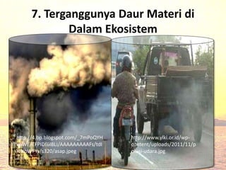 7. Terganggunya Daur Materi di
Dalam Ekosistem
Meningkatnya aktivitas manusia di dunia
berpengaruh terhadap daur biogeokimia.
Contohnya daur karbon yang terganggu
akibat semakin banyaknya penggunaan
bahan bakar. Melimpahnya CO2 yang
dihasilkan dari proses pembakaran dapat
memberikan efek buruk, salah satunya
adalah pemanasan global.
http://4.bp.blogspot.com/_7mPoQYH
voWE/TFPIDf6lBLI/AAAAAAAAAFs/tdI
YJNbWFYs/s320/asap.jpeg
http://www.ylki.or.id/wp-
content/uploads/2011/11/p
olusi-udara.jpg
 