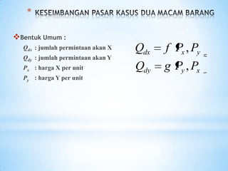 *
Bentuk Umum :
Qdx : jumlah permintaan akan X
Qdy : jumlah permintaan akan Y
Px : harga X per unit
Py : harga Y per unit

Qdx
Qdy

f Px , Py
g Py , Px

 
