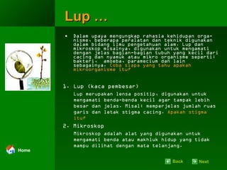 Dalam upaya mengungkap rahasia kehidupan   orga - nisme, beberapa peralatan dan teknik digunakan dalam bidang ilmu pengetahuan alam.  Lup dan mikroskop misalnya ,  digunakan  untuk mengamati dengan jelas bagian-bagian tubuh yang kecil dari cacing dan nyamuk  atau mikro organisme seperti:  bakteri,  amoeba, paramecium dan lain sebagainya .   Coba siapa yang tahu apakah mikroorganisme itu? Lup … Lup (kaca pembesar) Lup merupakan lensa positip ,  digunakan untuk mengamati benda-benda kecil agar tampak lebih besar dan jelas.  Misal: memperjelas jumlah ruas garis dan letak stigma cacing.  Apakah stigma itu? 2. Mikroskop Mikroskop adalah alat yang digunakan untuk  mengamati benda atau makhluk hidup yang tidak mampu dilihat   dengan mata telanjang. Back Next Home 