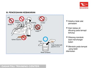 III. PENCEGAHAN KEBAKARAN 
 Ketahui letak alat 
pemadam 
 Kain bekas oli 
dibuang pada temapt 
tertutup 
 Dilarang merokok 
saat mencharger 
bateri 
 Merokok pada tempat 
yang telah 
ditentukan 
 