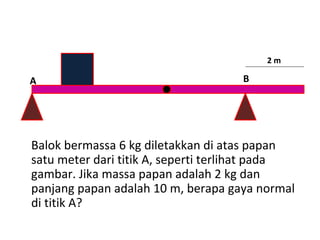 2m

A                                   B




Balok bermassa 6 kg diletakkan di atas papan
satu meter dari titik A, seperti terlihat pada
gambar. Jika massa papan adalah 2 kg dan
panjang papan adalah 10 m, berapa gaya normal
di titik A?
 