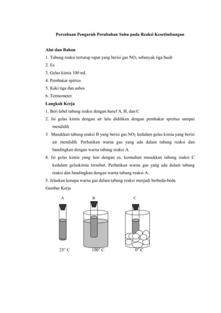 A B C
Percobaan Pengaruh Perubahan Suhu pada Reaksi Kesetimbangan
Alat dan Bahan
1. Tabung reaksi tertutup rapat yang berisi gas NO2 sebanyak tiga buah
2. Es
3. Gelas kimia 100 mL
4. Pembakar spirtus
5. Kaki tiga dan asbes
6. Termometer
Langkah Kerja
1. Beri label tabung reaksi dengan huruf A, B, dan C
2. Isi gelas kimia dengan air lalu didihkan dengan pembakar spiritus sampai
mendidih
3 Masukkan tabung reaksi B yang berisi gas NO2 kedalam gelas kimia yang berisi
air mendidih. Perhatikan warna gas yang ada dalam tabung reaksi dan
bandingkan dengan warna tabung reaksi A.
4. Isi gelas kimia yang lain dengan es, kemudian masukkan tabung reaksi C
kedalam gelaskimia tersebut. Perhatikan warna gas yang ada dalam tabung
reaksi dan bandingkan dengan warna tabung reaksi A.
5. Jelaskan kenapa warna gas dalam tabung reaksi menjadi berbeda-beda.
Gambar Kerja
25° C 100° C 0° C
 