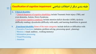 A. Clinical disability
 Clinical diagnoses of cognitive disabilities include Traumatic brain injury (TBI), and
even dementia, Autism, Down Syndrome.
 Less severe cognitive conditions include attention deficit disorder (ADD), dyslexia
(difficulty reading), dyscalculia (difficulty with math), and learning disabilities in general.
B. .Functional disability.Some of the main categories include deficits or difficulties with:
 Executive Functions (initiation, problem solving .processing speed , planning)
 Memory ( visual. auditory , working memory)
 Information processing
 Visual Processing
 Attention
11
‫شناختی‬ ‫اختالالت‬ ‫از‬ ‫دیگر‬ ‫بندی‬ ‫طبقه‬
Classification of cognitive impairment
 