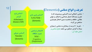 ‫دمانس‬ ‫انواع‬ ‫و‬ ‫تعريف‬
(
Dementia
)
•
‫ک‬ ‫پیشرونده‬ ‫و‬ ‫اکتسابی‬ ‫است‬ ‫اختاللی‬ ،‫دمانس‬
‫با‬ ‫ه‬
‫قو‬ ‫در‬ ‫اختالل‬ ‫و‬ ‫شناختی‬ ‫اعمال‬ ‫چندگانه‬ ‫تخریب‬
‫ای‬
‫هوشی‬ ‫اختالل‬ ‫بدون‬ ‫شخصیت‬ ‫و‬ ‫حافظه‬ ،‫عقالنی‬
‫اری‬
‫گردد‬ ‫می‬ ‫مشخص‬
.
•
.
‫تقریبا‬
60
‫بیمار‬ ‫را‬ ‫دمانس‬ ‫به‬ ‫مبتالیان‬ ‫از‬ ‫درصد‬
‫ان‬
‫دهند‬ ‫می‬ ‫تشکیل‬ ‫آلزایمر‬ ‫به‬ ‫مبتال‬
.
‫دمان‬ ‫انواع‬
‫بر‬ ‫س‬
‫آن‬ ‫علت‬ ‫اساس‬
:
12
4
‫شناختی‬ ‫اختالل‬
‫خفیف‬
(
MCI
)
(
Mild
Cognitive
Impairment
)
3
‫بادی‬ ‫لویی‬ ‫دمانس‬
(
Lewy body
dementia
)
2
‫عروقی‬ ‫دمانس‬
(
Vascular
dementia
)
1
‫نوع‬ ‫دمانس‬
‫آلزایمر‬
Alzheimer's
disease (AD)
 