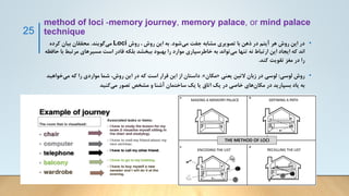 method of loci -memory journey, memory palace, or mind palace
technique
•
‫شود‬‫می‬ ‫جفت‬ ‫مشابه‬ ‫تصویری‬ ‫با‬ ‫ذهن‬ ‫در‬ ‫آیتم‬ ‫هر‬ ‫روش‬ ‫این‬ ‫در‬
.
‫روش‬ ، ‫روش‬ ‫این‬ ‫به‬
Loci
‫گویند‬‫می‬
.
‫کرده‬ ‫بیان‬ ‫محققان‬
‫مرت‬ ‫مسیرهای‬ ‫است‬ ‫قادر‬ ‫بلکه‬ ‫ببخشد‬ ‫بهبود‬ ‫را‬ ‫موارد‬ ‫خاطرسپاری‬ ‫به‬ ‫تواند‬‫می‬ ‫تنها‬ ‫نه‬ ‫ارتباط‬ ‫این‬ ‫ایجاد‬ ‫که‬ ‫اند‬
‫حافظه‬ ‫با‬ ‫بط‬
‫کند‬ ‫تقویت‬ ‫مغز‬ ‫در‬ ‫را‬
.
•
‫لوسی‬ ‫روش‬
:
‫یعنی‬ ‫التین‬ ‫زبان‬ ‫در‬ ‫لوسی‬
«
‫مکان‬
»
.
‫خوا‬‫می‬ ‫که‬ ‫را‬ ‫مواردی‬ ‫شما‬ ،‫روش‬ ‫این‬ ‫در‬ ‫که‬ ‫است‬ ‫قرار‬ ‫این‬ ‫از‬ ‫داستان‬
‫هید‬
‫کنید‬‫می‬ ‫تصور‬ ‫مشخص‬ ‫و‬ ‫آشنا‬ ‫ساختمان‬ ‫یک‬ ‫یا‬ ‫اتاق‬ ‫یک‬ ‫در‬ ‫خاصی‬ ‫های‬‫مکان‬ ‫در‬ ‫بسپارید‬ ‫یاد‬ ‫به‬
25
 
