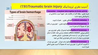 ‫تروماتیک‬ ‫مغزی‬ ‫آسیب‬
(TBI)Traumatic brain injury
•
1
.
Concussion – transient interruption in brain activity
‫مغزی‬ ‫ضربه‬
-
‫در‬ ‫ساختاری‬ ‫آسیب‬ ‫هیچ‬ ‫؛‬ ‫مغز‬ ‫فعالیت‬ ‫در‬ ‫گذرا‬ ‫وقفه‬
‫ندارد‬ ‫وجود‬ ‫رادیوگرافی‬
.
•
2
.
Cerebral contusion
‫مغزی‬ ‫کوفتگی‬
-
‫تورم‬ ‫با‬ ‫همراه‬
.
•
3
.
Intracerebral hematoma
‫مغزی‬ ‫هماتوم‬
-
‫بافت‬ ‫در‬ ‫خونریزی‬
‫است‬ ‫همراه‬ ‫ادم‬ ‫با‬ ً‫ال‬‫معمو‬ ‫که‬ ‫مغز‬
.
•
4
.
Epidural hematoma
‫اپیدورال‬ ‫هماتوم‬
-
‫بین‬ ‫خونریزی‬ ‫وقتی‬
‫بیرونی‬ ‫غشای‬
dura mater)
)
‫دهد‬ ‫می‬ ‫رخ‬ ‫جمجمه‬ ‫و‬
.
‫دنبال‬ ‫به‬ ً‫ا‬‫غالب‬
‫مختصر‬ ‫بازیابی‬ ، ‫هوشیاری‬ ‫دادن‬ ‫دست‬ ‫از‬ ، ‫سر‬ ‫دیدگی‬ ‫آسیب‬
‫شود‬ ‫می‬ ‫ایجاد‬ ‫هوشیاری‬ ‫دادن‬ ‫دست‬ ‫از‬ ‫دوباره‬ ‫و‬ ‫هوشیاری‬
.
•
5
.
Subdural hematoma
‫دورال‬ ‫ساب‬ ‫هماتوم‬
-
‫و‬ ‫دورا‬ ‫بین‬ ‫خون‬
‫ا‬ ‫مغزی‬ ‫آسیب‬ ‫با‬ ً‫ال‬‫معمو‬ ‫که‬ ‫است‬ ‫خونریزی‬ ‫از‬ ‫ناشی‬ ‫که‬ ‫آراکنویید‬
‫ضافی‬
‫است‬ ‫همراه‬
.
26
 