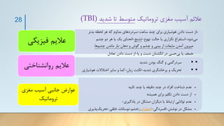 28
•
‫ساعت‬ ‫چند‬ ‫برای‬ ‫هوشیاری‬ ‫دادن‬ ‫دست‬ ‫از‬
-
‫بدتر‬ ‫لحظه‬ ‫هر‬ ‫که‬ ‫مداوم‬ ‫سردردهای‬
‫شود‬‫می‬
-
‫تهوع‬ ‫حالت‬ ‫یا‬ ‫تکراری‬ ‫استفراغ‬
-
‫تشنج‬
-
‫چشم‬ ‫دو‬ ‫هر‬ ‫یا‬ ‫یک‬ ‫انحنای‬
•
‫دهان‬ ‫و‬ ‫گوش‬ ‫و‬ ‫چشم‬ ‫و‬ ‫بینی‬ ‫از‬ ‫مایعات‬ ‫آمدن‬ ‫بیرون‬
-
‫ها‬‫چشم‬ ‫ماندن‬ ‫باز‬
•
‫پا‬ ‫و‬ ‫دست‬ ‫انگشتان‬ ‫در‬ ‫حسی‬‫بی‬ ‫یا‬ ‫ضعف‬
-
‫تعادل‬ ‫دادن‬ ‫دست‬ ‫از‬
‫فیزیکی‬ ‫عالیم‬
•
•
‫شدید‬ ‫بودن‬ ‫گنگ‬ ‫و‬ ‫سردرگمی‬
•
•
‫شدید‬ ‫پرخاشگری‬ ‫و‬ ‫تحریک‬
-
‫زبان‬ ‫لکنت‬
-
‫هوش‬ ‫اختالالت‬ ‫سایر‬ ‫و‬ ‫کما‬
‫یاری‬
‫روانشناختی‬ ‫عالیم‬
•
‫ثانیه‬ ‫چند‬ ‫یا‬ ‫دقیقه‬ ‫چند‬ ‫در‬ ‫افراد‬ ‫شناخت‬ ‫عدم‬
•
‫همیشه‬ ‫برای‬ ‫تکلم‬ ‫دادن‬ ‫دست‬ ‫از‬
•
‫دیگران‬ ‫با‬ ‫ارتباط‬ ‫توانایی‬ ‫عدم‬
-
‫یادگیری‬ ‫در‬ ‫مشکل‬
-
•
‫نوشتن‬ ‫در‬ ‫مشکل‬
-
‫افسردگی‬
-
‫اضطراب‬
-
‫خشم‬
-
‫خلقی‬ ‫نوسانات‬
-
‫پ‬‫تحریک‬
‫ذیری‬
‫عوارض‬
‫مغزی‬ ‫آسیب‬ ‫جانبی‬
‫تروماتیک‬
‫تروماتیک‬ ‫مغزی‬ ‫آسیب‬ ‫عالئم‬
‫شدید‬ ‫تا‬ ‫متوسط‬
(TBI)
 